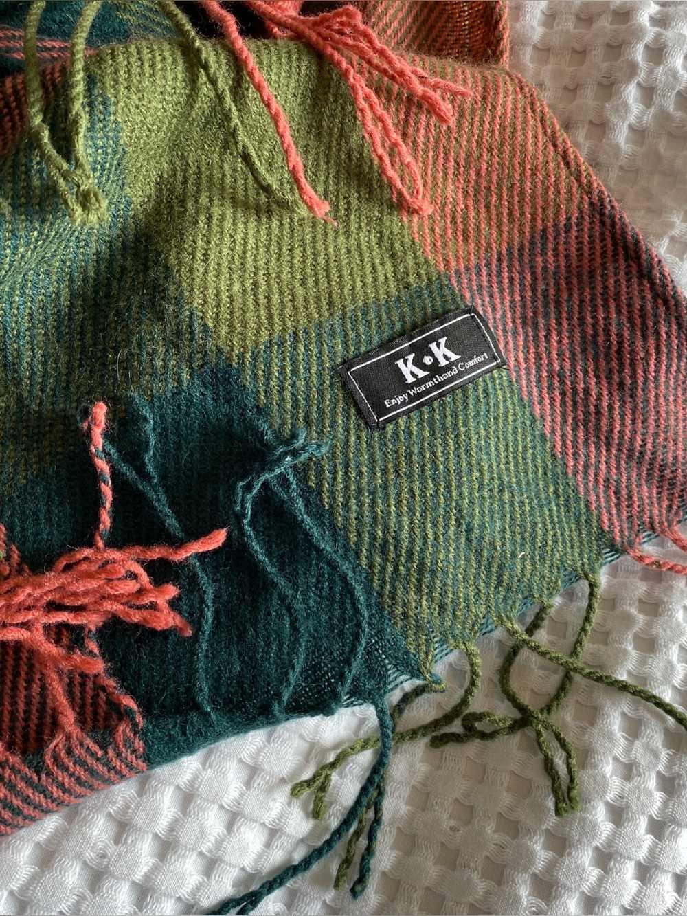 Fall Plaid Fringe Scarf - Green & Coral